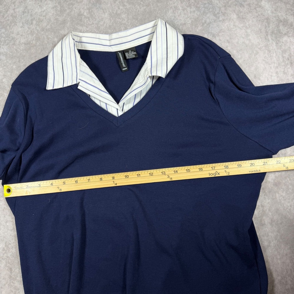 Jason Maxwell Womens Navy Blue Layered Look V-Neck Top Striped Collar 1X Preppy - Picture 5 of 6